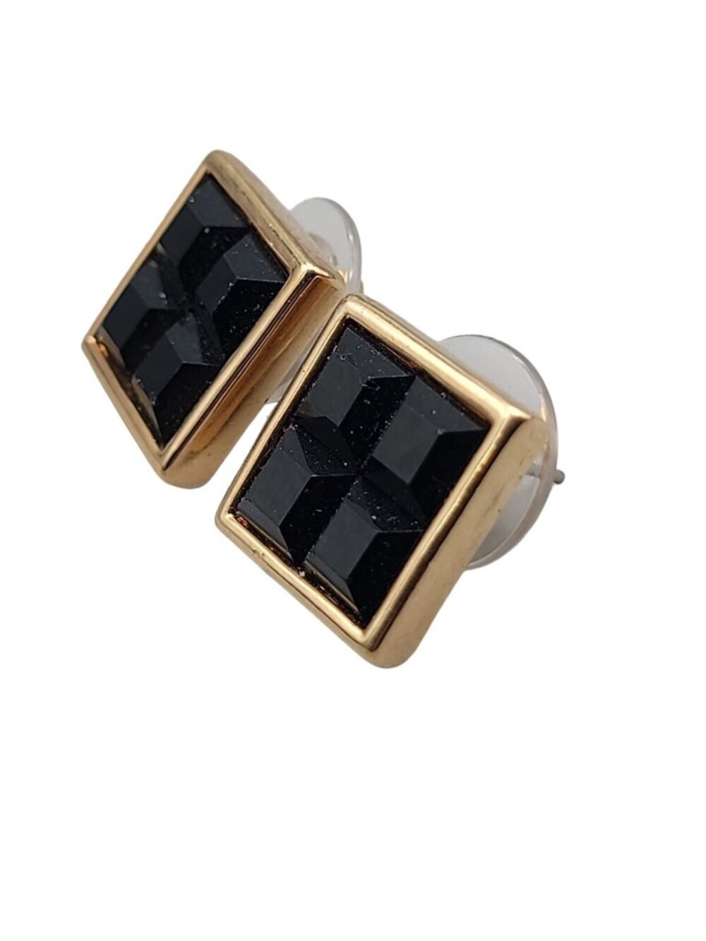 Swarovski Sal Signed Black Crystal Grid Square Post Earrings Gold Plated Studs - Picture 7 of 13